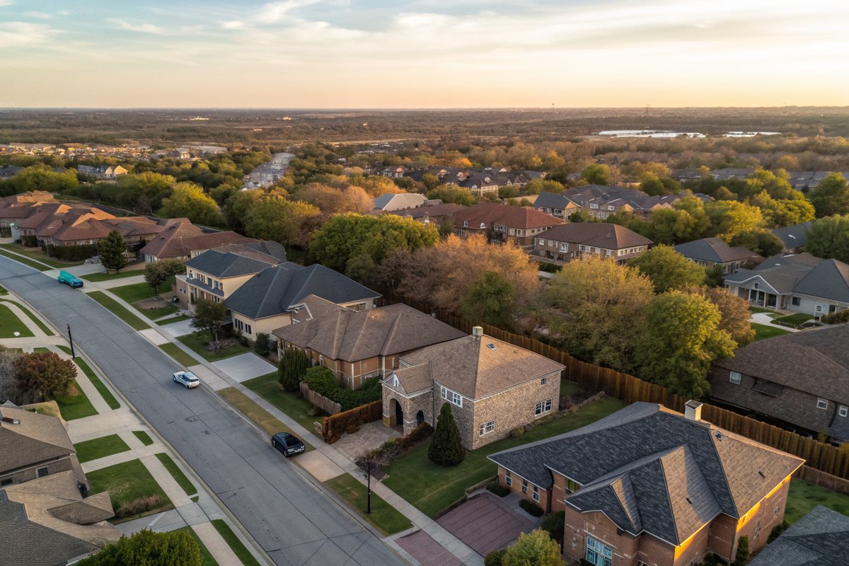 Aerial view at golden hour of a mature suburb of brick two-story homes with gray and brown shingle roofs, curving streets, privacy fences and trees running to a flat horizon