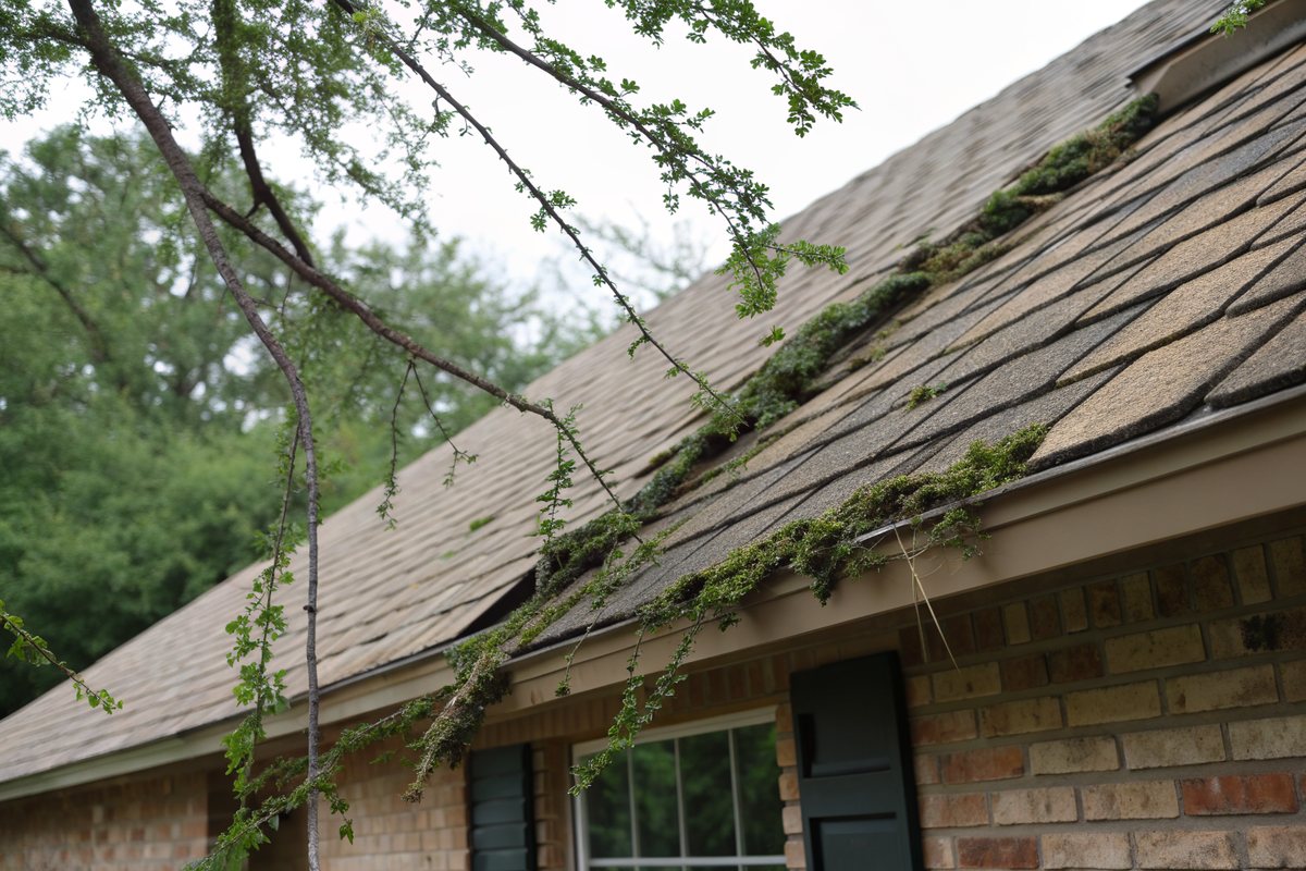 Older tan shingle roof on a brick home streaked with dark algae and moss along the courses, cedar elm twigs hanging over the eave