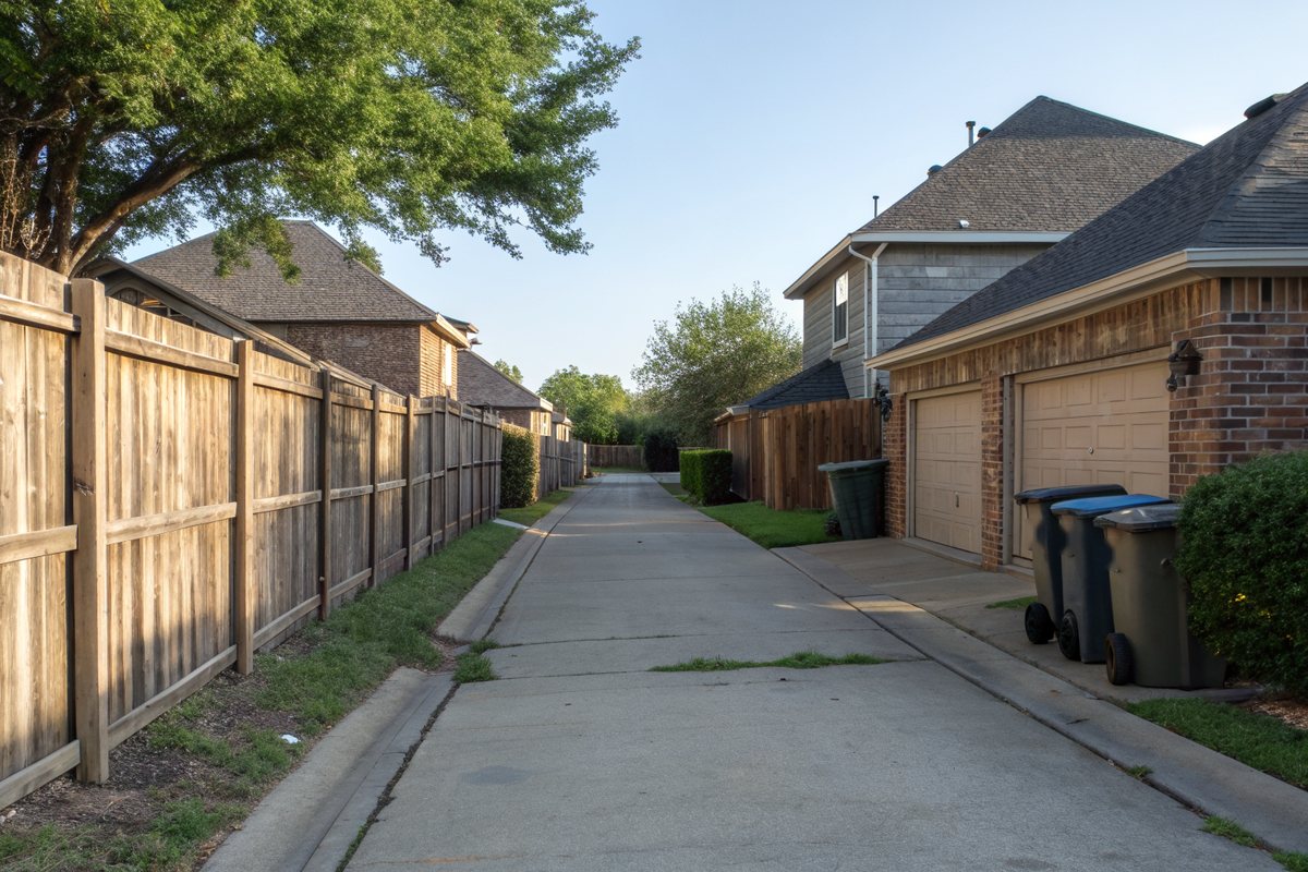 Concrete rear alley lined with a cedar privacy fence and brick garages, steep shingle roofs and a large oak above in late afternoon sun