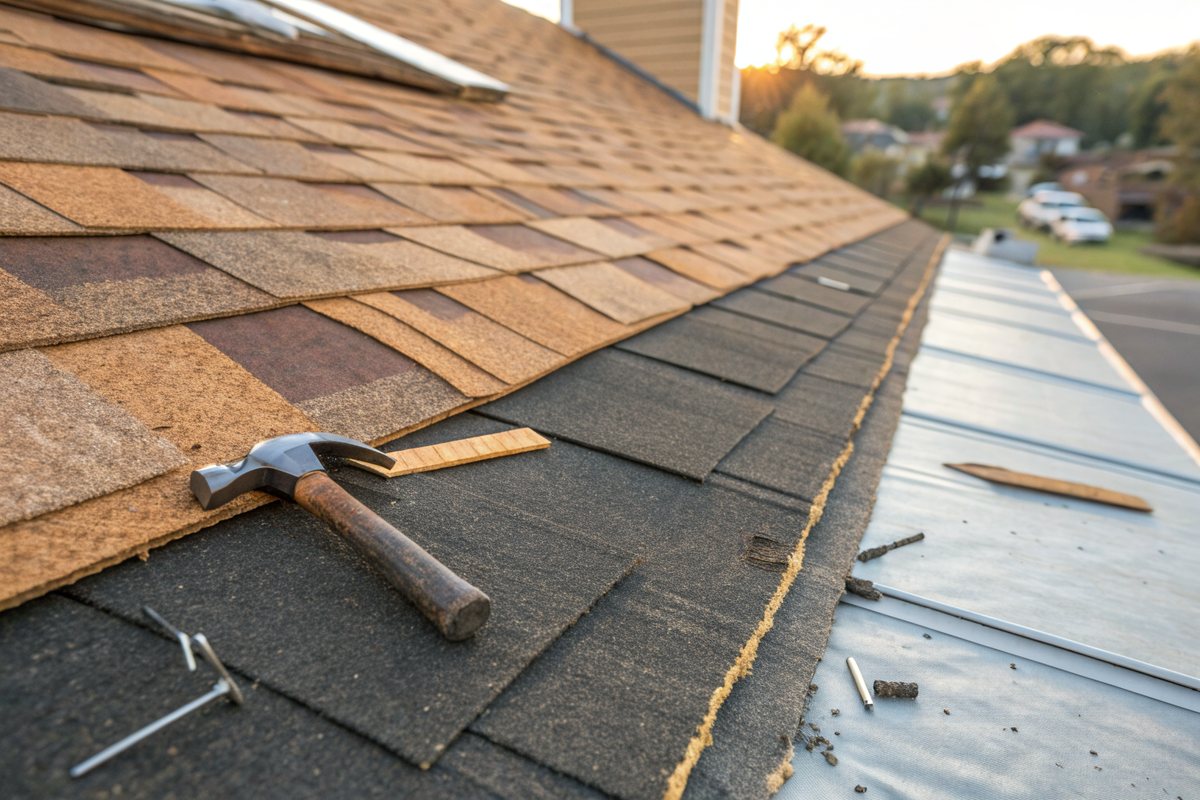 Thick new weathered-wood architectural shingles being laid in courses over darker shingles, with a hammer and roofing nails resting on the roof