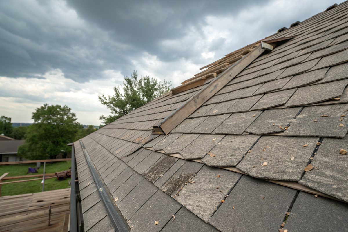 Weathered gray shingles lifted and bent back along a roof edge after a wind storm, under dark clouds
