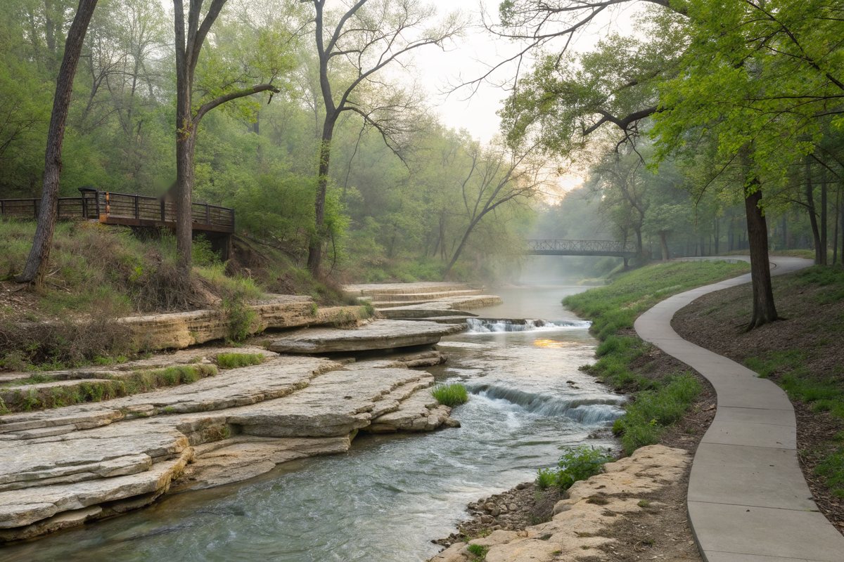 Shallow creek spilling over layered white limestone ledges beside a curving concrete greenbelt trail and footbridges on a misty spring morning
