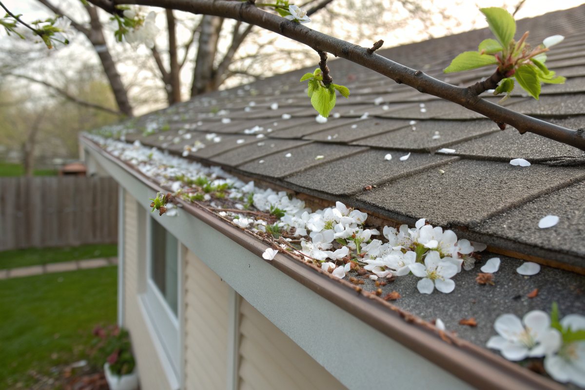 Brown gutter on a shingle roof filled with fallen white pear blossoms, a budding branch hanging over the roof