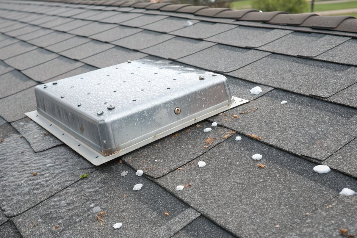 Galvanized box roof vent pocked with small hail dents on a gray shingle roof, with hailstones scattered on the wet shingles