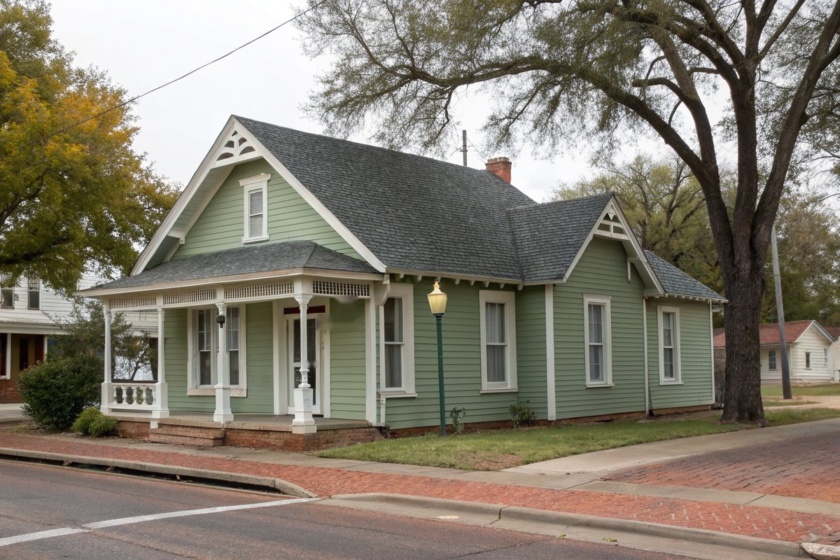 Restored sage-green 1910s cottage with white gingerbread trim and a gray shingle roof on a corner with brick-paved sidewalks under large old trees
