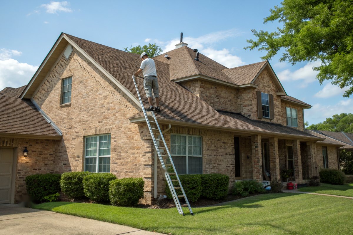 Roofer in a white cap and t-shirt seen from behind, stepping from an aluminum ladder onto the brown shingle roof of a tan brick two-story home