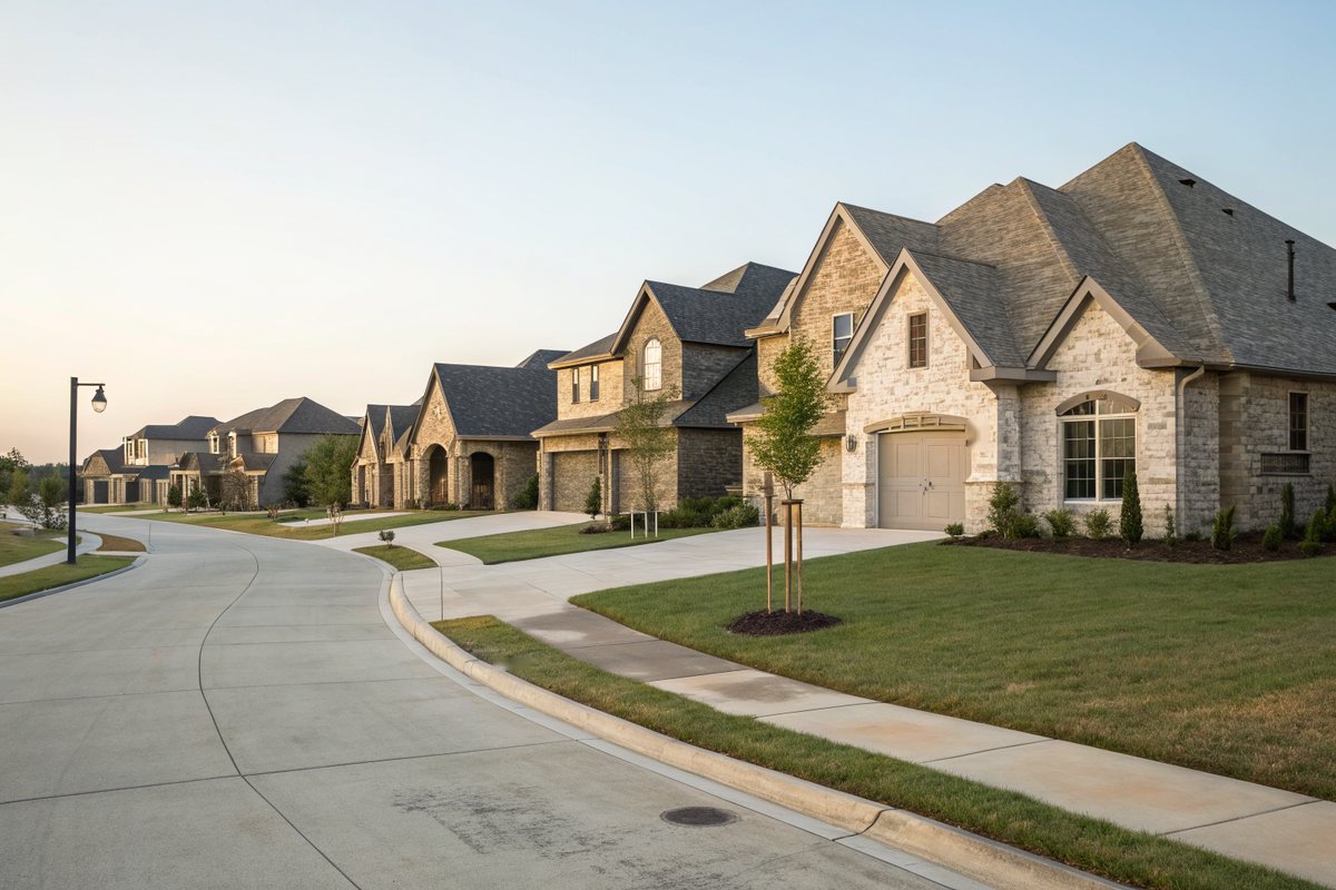 Curving street of newer two-story homes in pale limestone and gray brick with steep shingle roofs, staked young trees and fresh sod