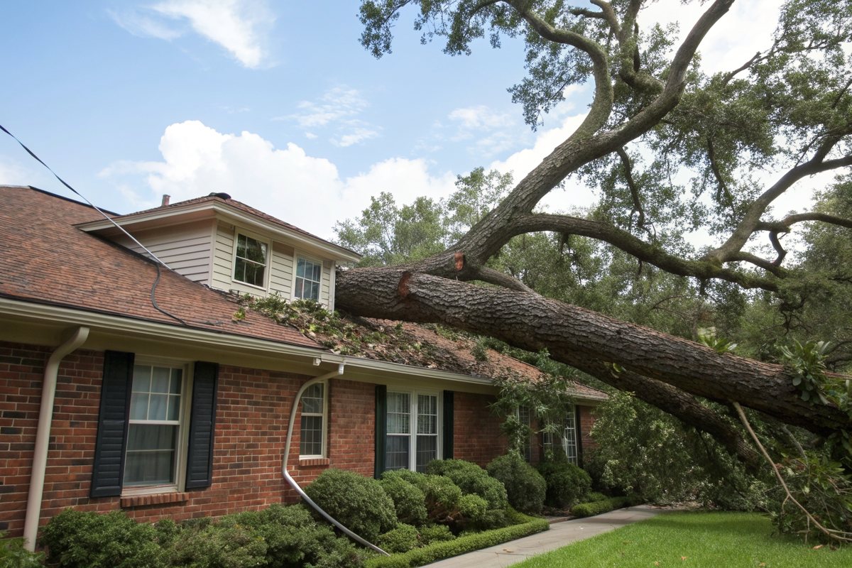 Huge live oak limb broken and lying across the brown shingle roof of a red brick home, a bent downspout and leaves on the shrubs below