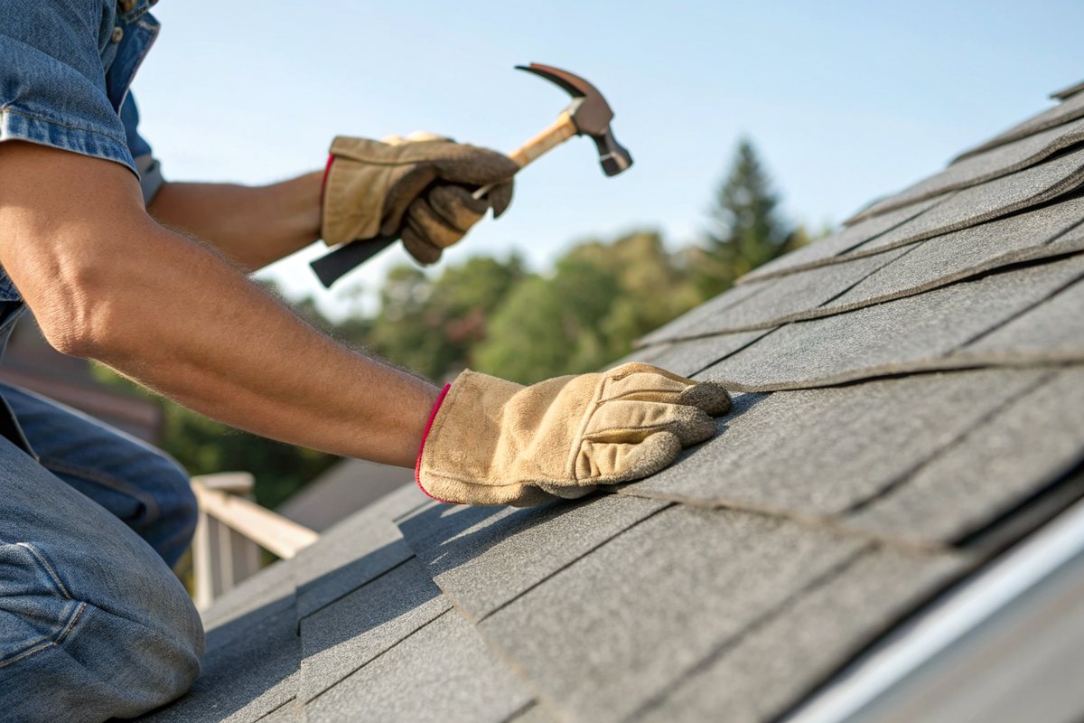 Gloved hands holding a hammer and pressing a shingle into place near a roof ridge under a clear blue sky