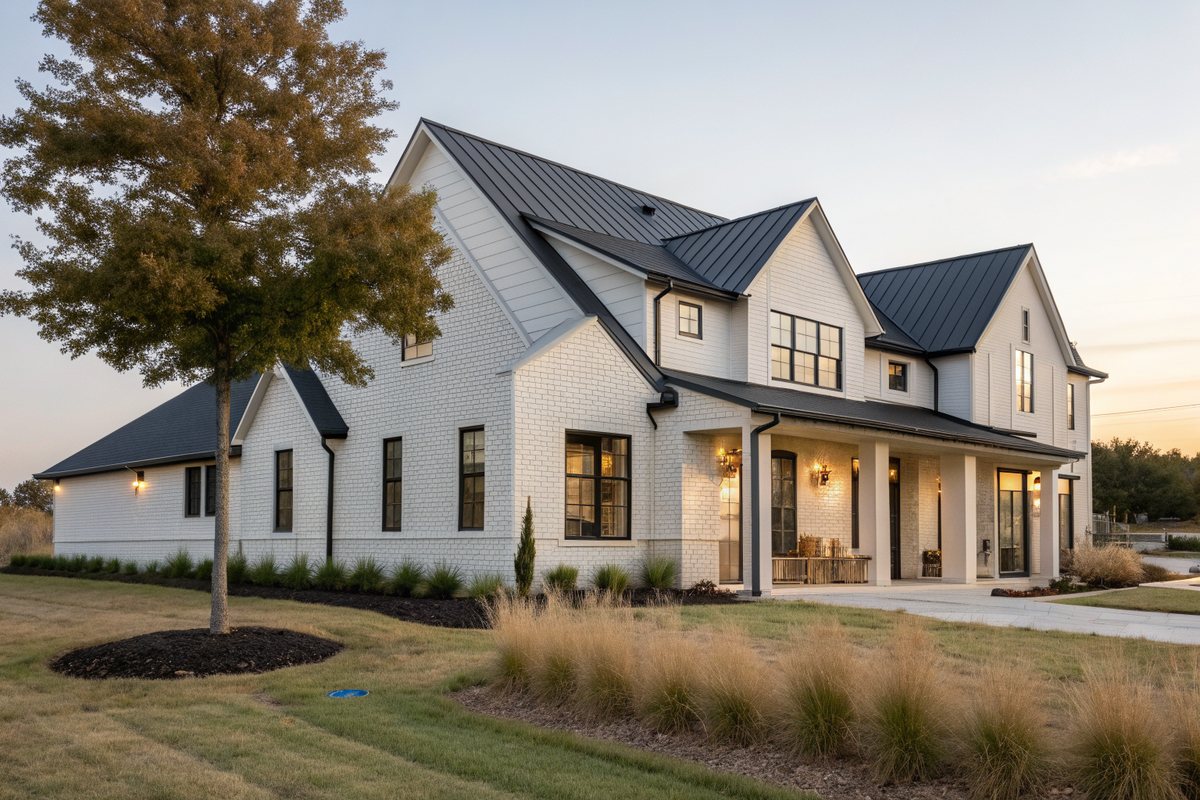 Modern farmhouse of painted white brick with a black standing-seam metal roof, black windows and a lit front porch at dusk, ornamental grasses in the beds