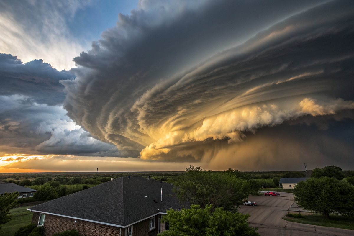 Layered supercell storm cloud lit gold by the evening sun, towering over a flat landscape and the dark shingle roof of a brick home