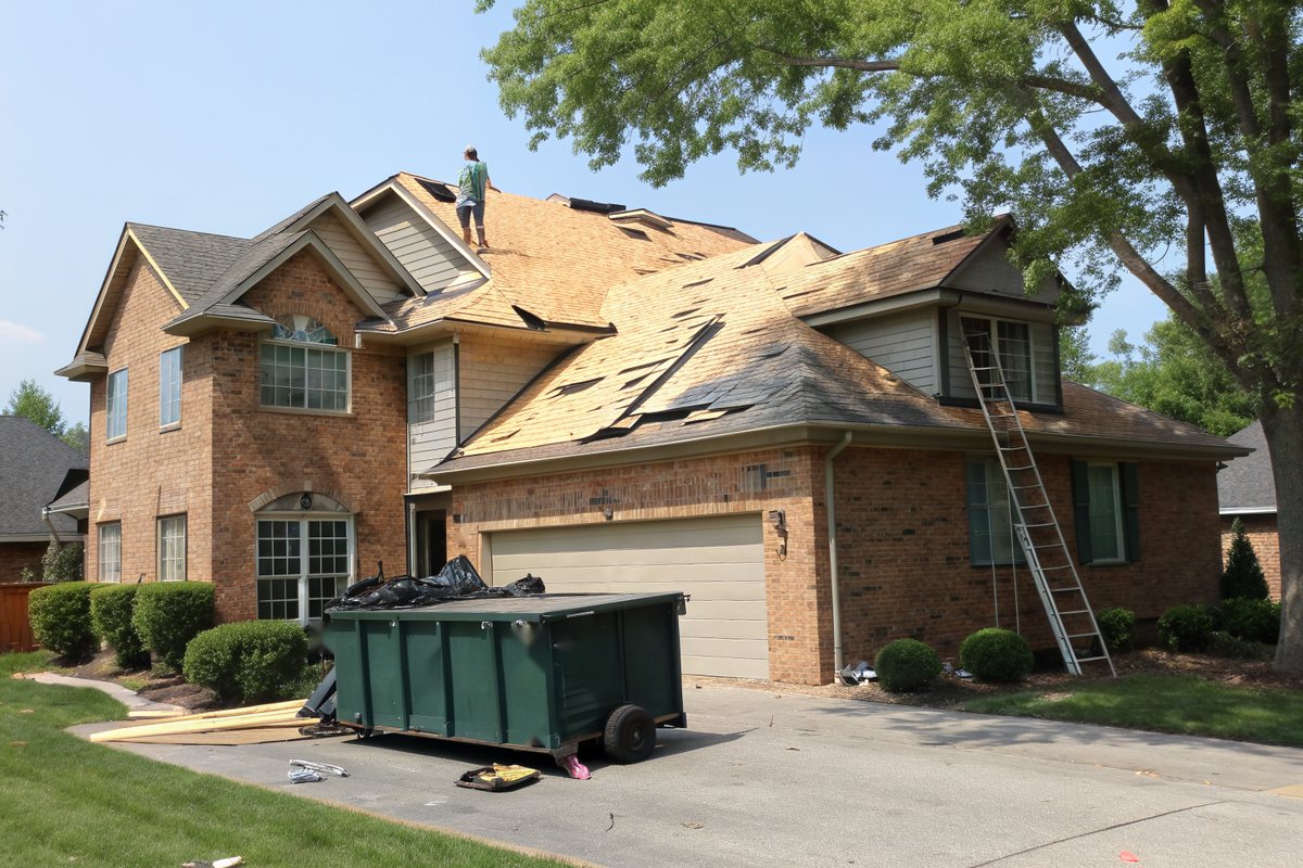 Brick two-story home mid tear-off, with old shingles stripped to tan decking, a ladder at the eave and a green roll-off dumpster in the driveway